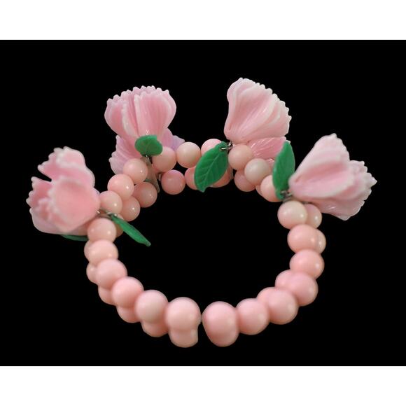 Vintage 50s Pink Celluloid Flower Green Leaves Double Strand Stretch Bracelet - Picture 2 of 6